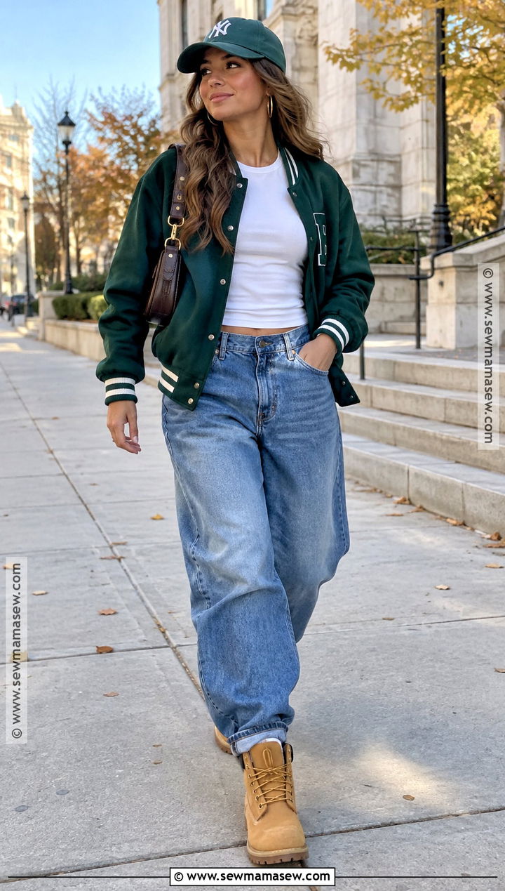 Timberland Boots With Baggy Jeans And Varsity Jacket - 20 timberland boots outfit fall