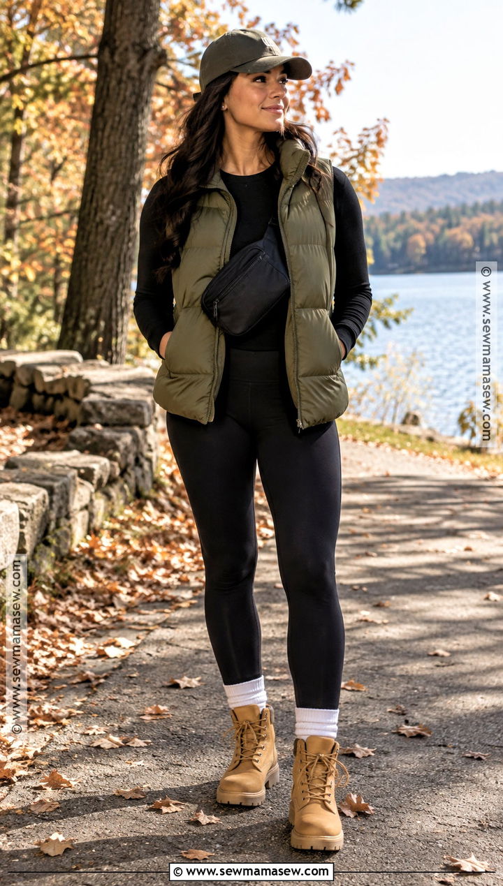 Timberland Boots With Black Leggings And Puffer Vest - 15 Timberland Fall Outfit Ideas for Women