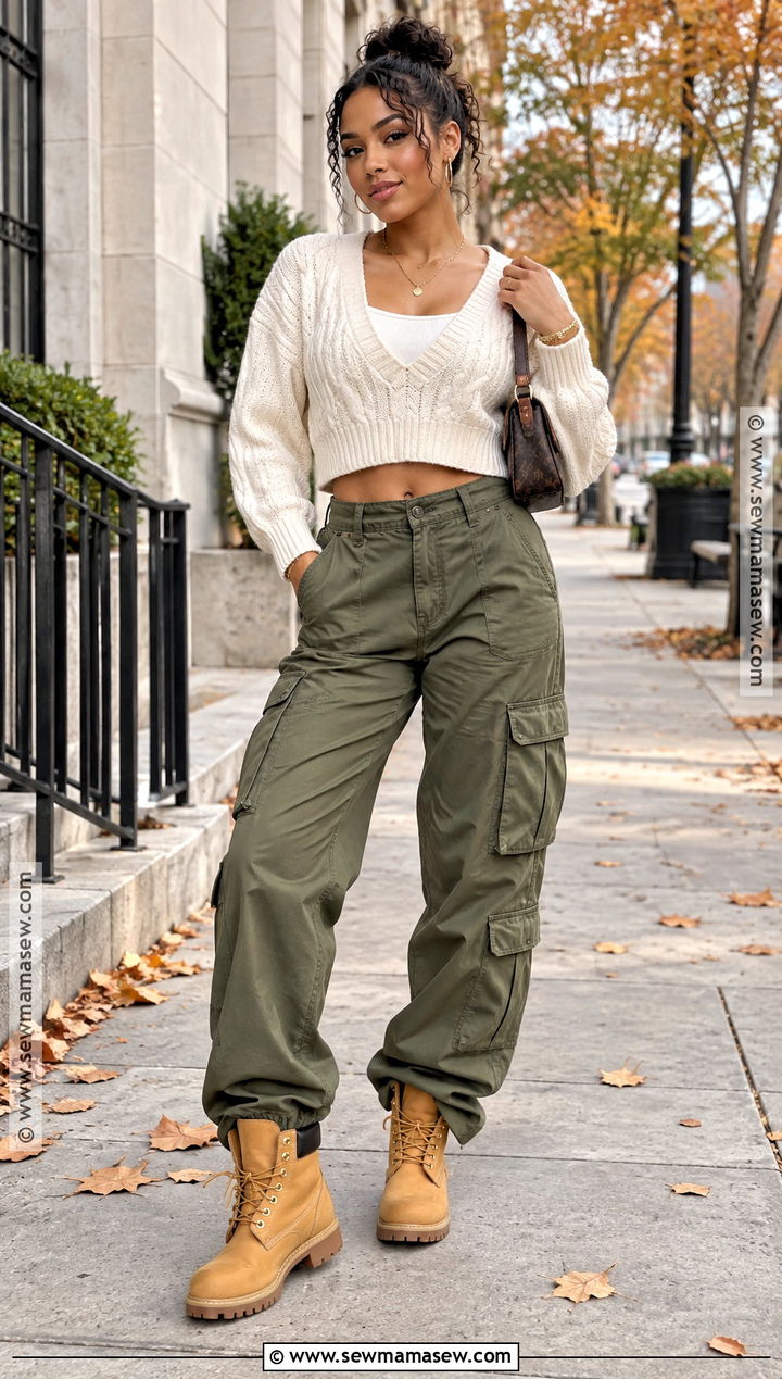 Timberland Boots With Cargo Pants And Cropped Sweater - 15 Timberland Fall Outfit Ideas for Women