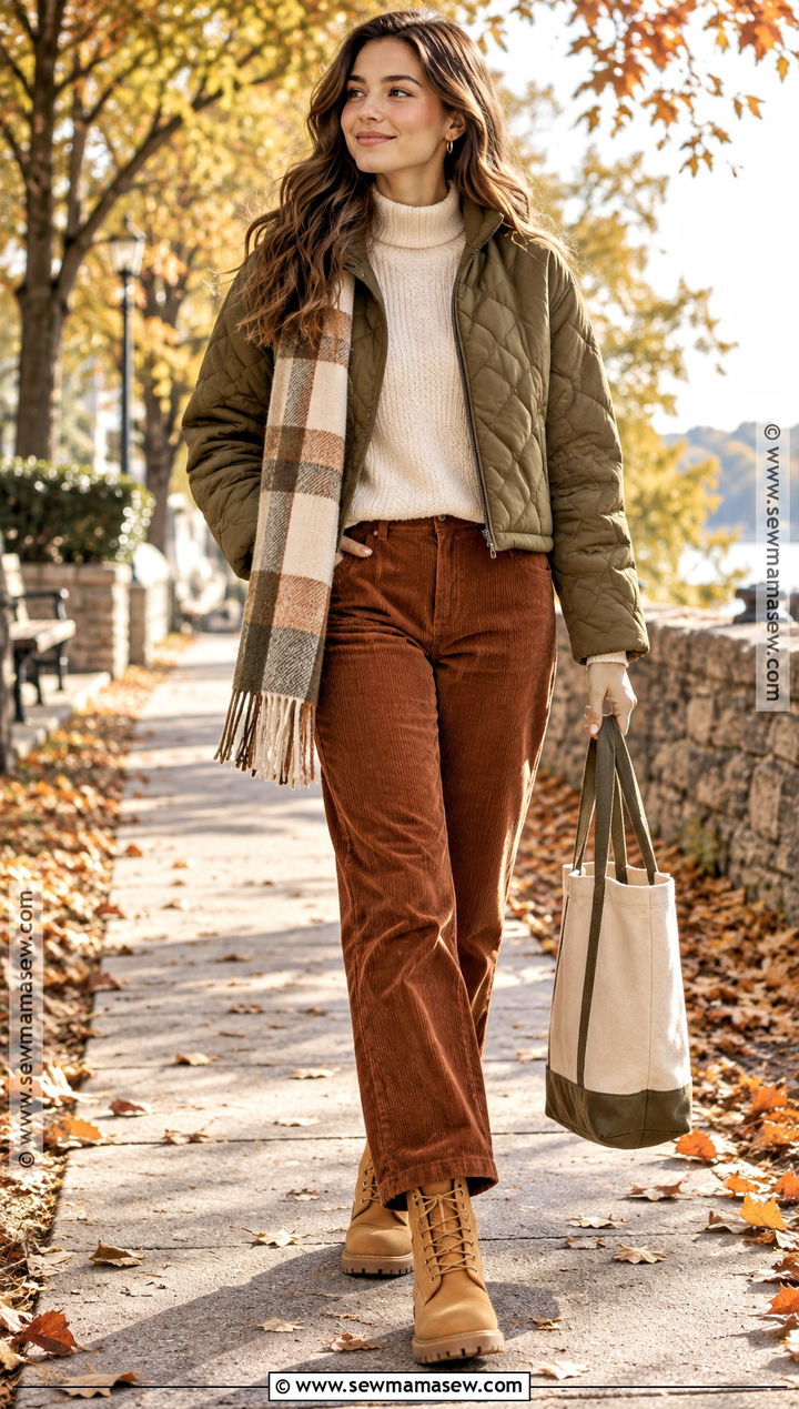 Timberland Boots With Corduroy Pants And Quilted Jacket - 15 Timberland Fall Outfit Ideas for Women