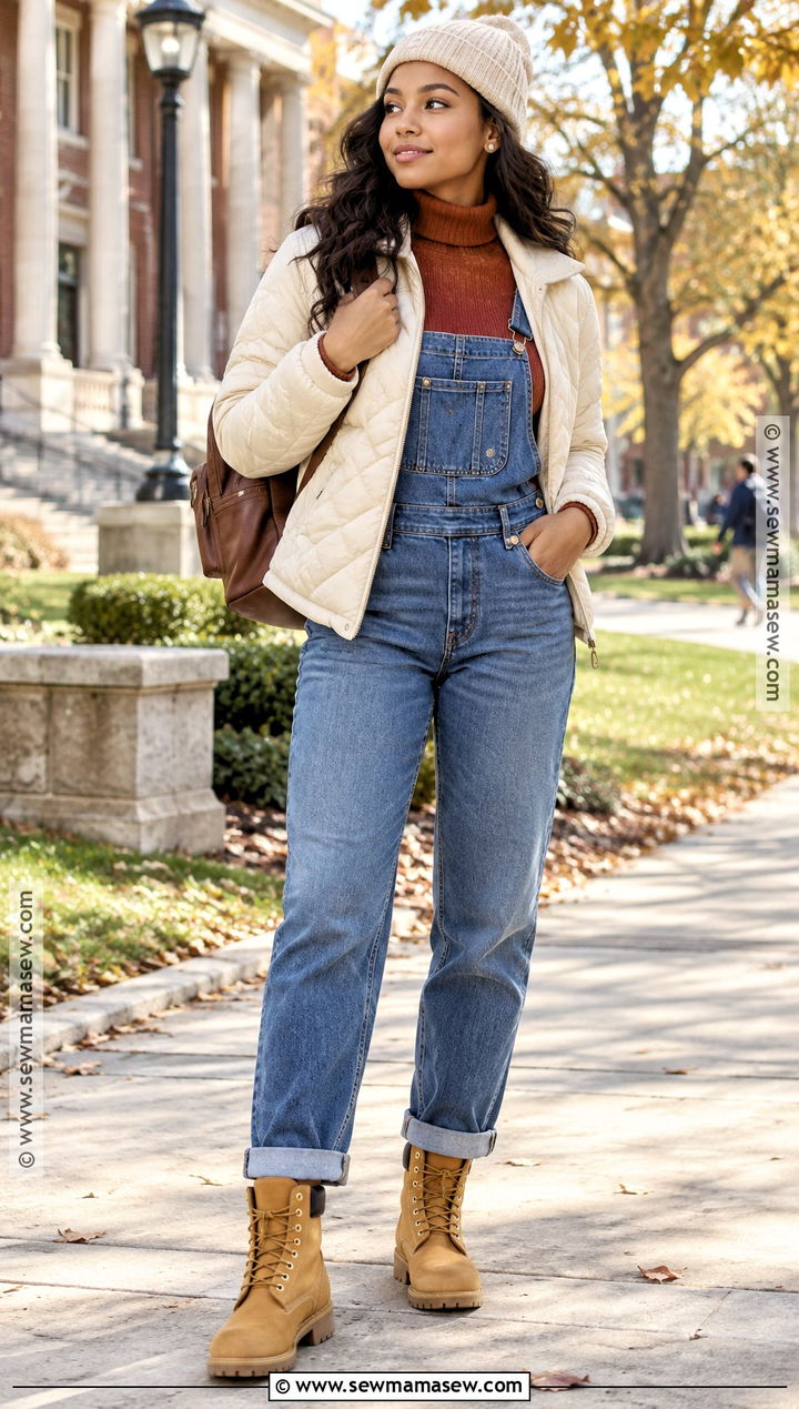 Timberland Boots With Denim Overalls And Turtleneck - 15 Timberland Fall Outfit Ideas for Women