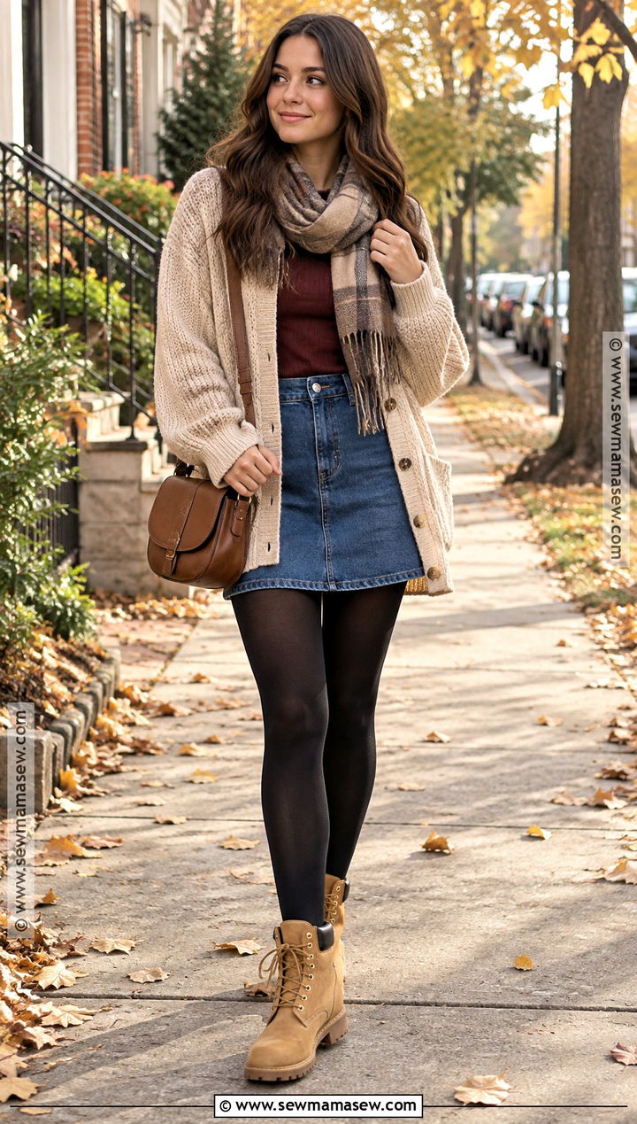 Timberland Boots With Denim Skirt And Oversized Cardigan - 15 Timberland Fall Outfit Ideas for Women