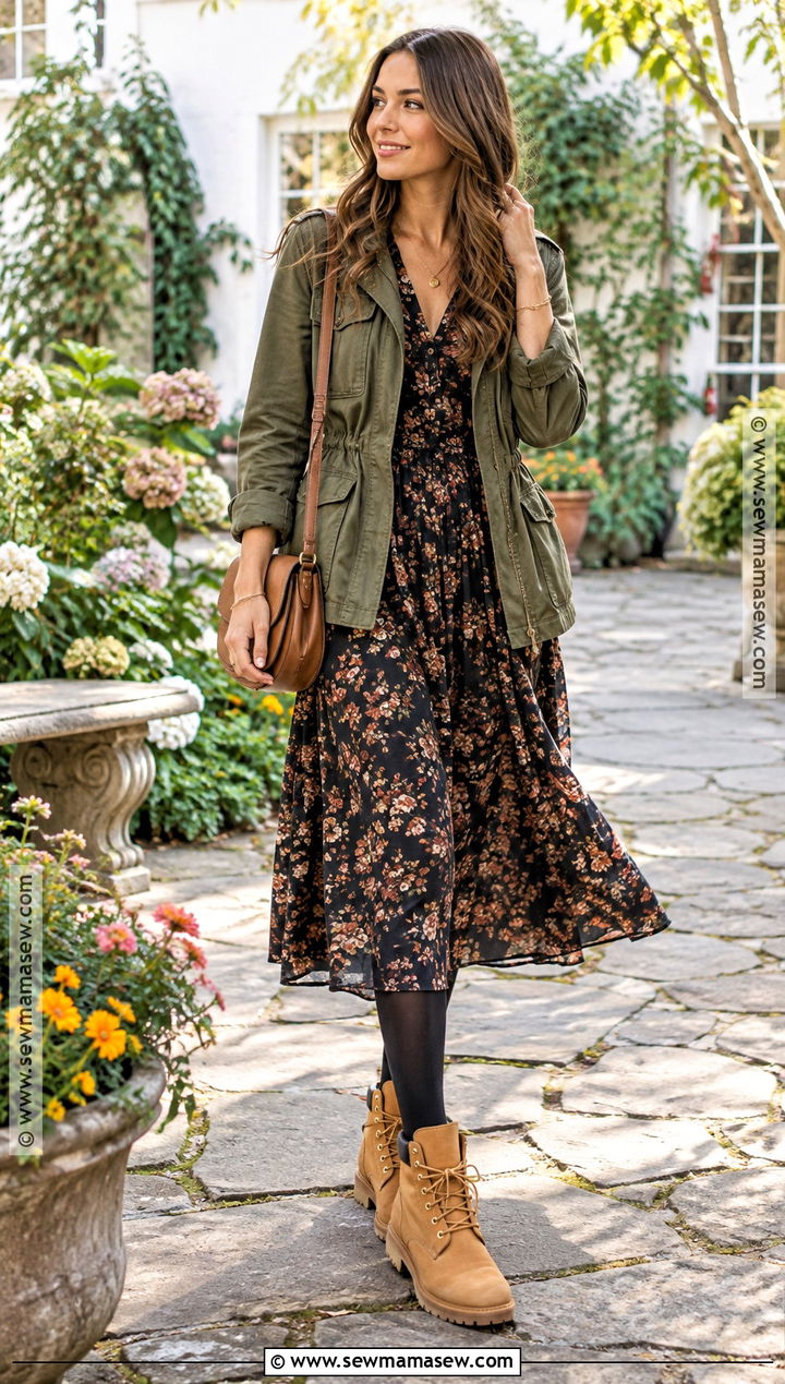Timberland Boots With Floral Midi Dress And Utility Jacket - 15 Timberland Fall Outfit Ideas for Women