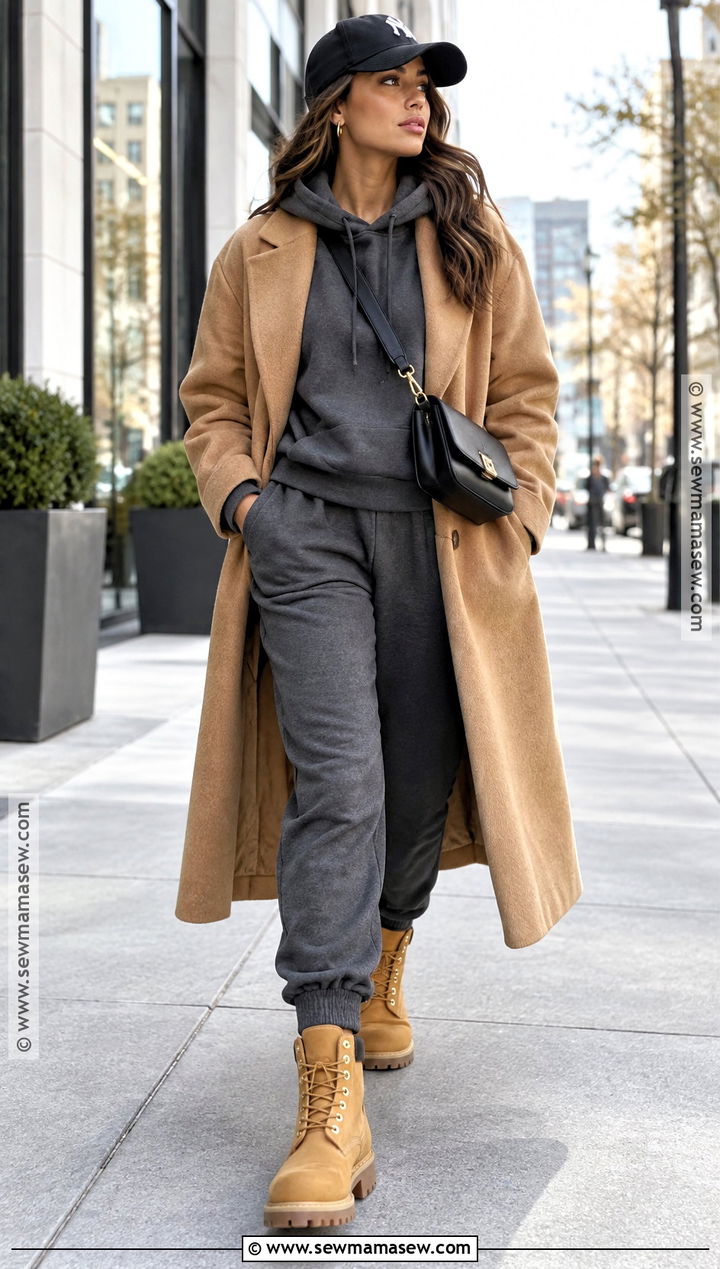 Timberland Boots With Joggers And Long Wool Coat - 15 Timberland Fall Outfit Ideas for Women