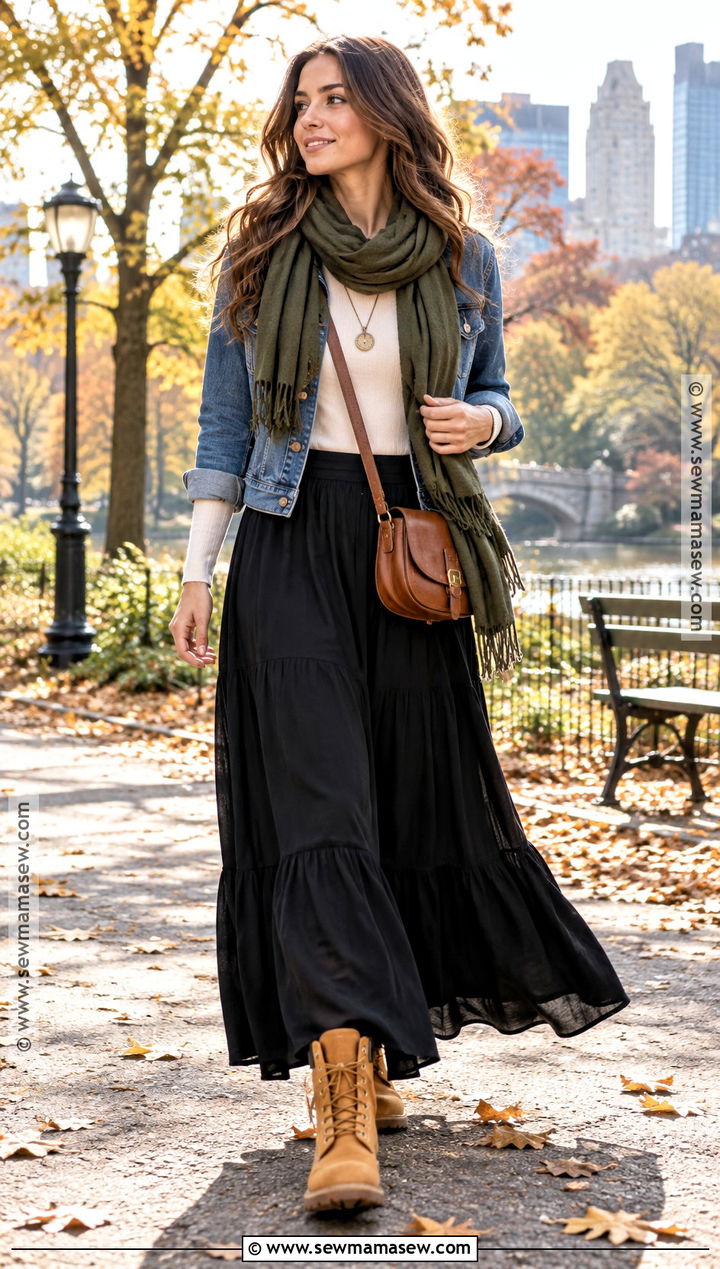 Timberland Boots With Maxi Skirt And Denim Jacket - 20 timberland boots outfit fall
