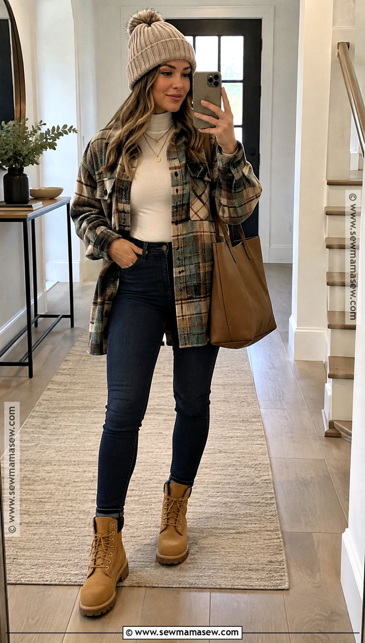Timberland Boots With Plaid Shacket And Skinny Jeans - 15 Timberland Fall Outfit Ideas for Women