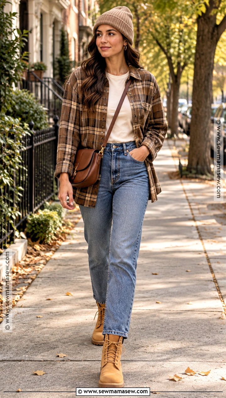Timberland Boots With Straight Leg Jeans And Flannel Shirt - 15 Timberland Fall Outfit Ideas for Women