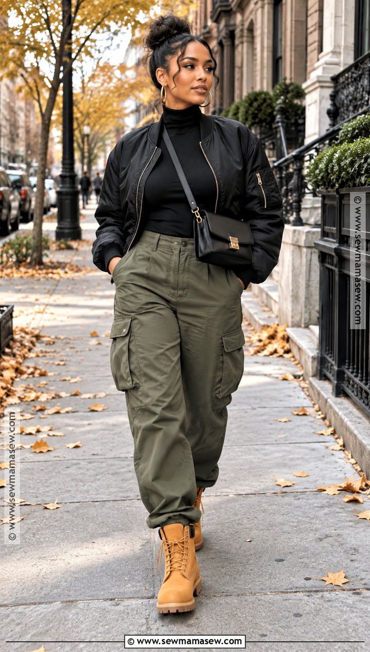 Timbs With Cargo Pants And Fitted Turtleneck - 15 timbs outfits fall womens fashion