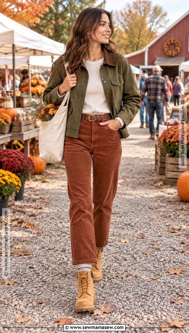 Timbs With Corduroy Pants And Barn Jacket - 20 Timbs Outfits Women Fall
