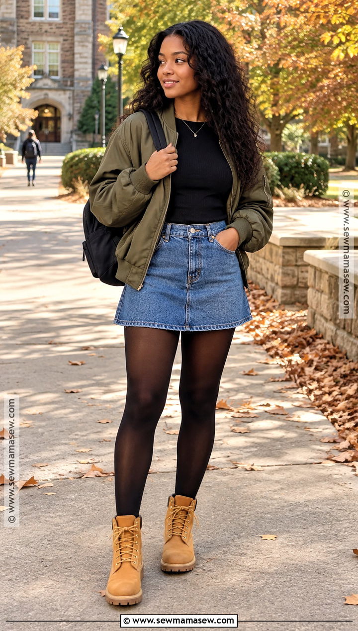 Timbs With Denim Skirt And Bomber Jacket - 15 timbs outfits fall womens fashion