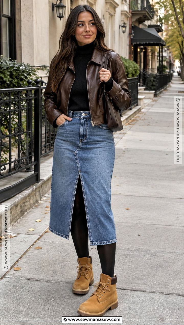 Timbs With Denim Skirt And Leather Jacket - 20 Timbs Outfits Women Fall