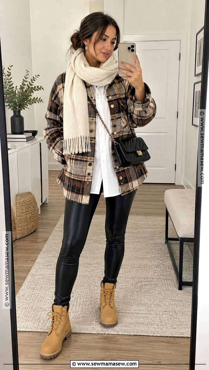 Timbs With Faux Leather Leggings And Shacket - 15 timbs outfits fall womens fashion