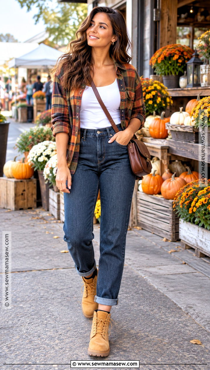 Timbs With Flannel Shirt And Mom Jeans - 20 Timbs Outfits Women Fall