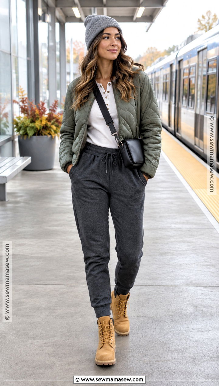 Timbs With Joggers And Quilted Jacket - 20 Timbs Outfits Women Fall