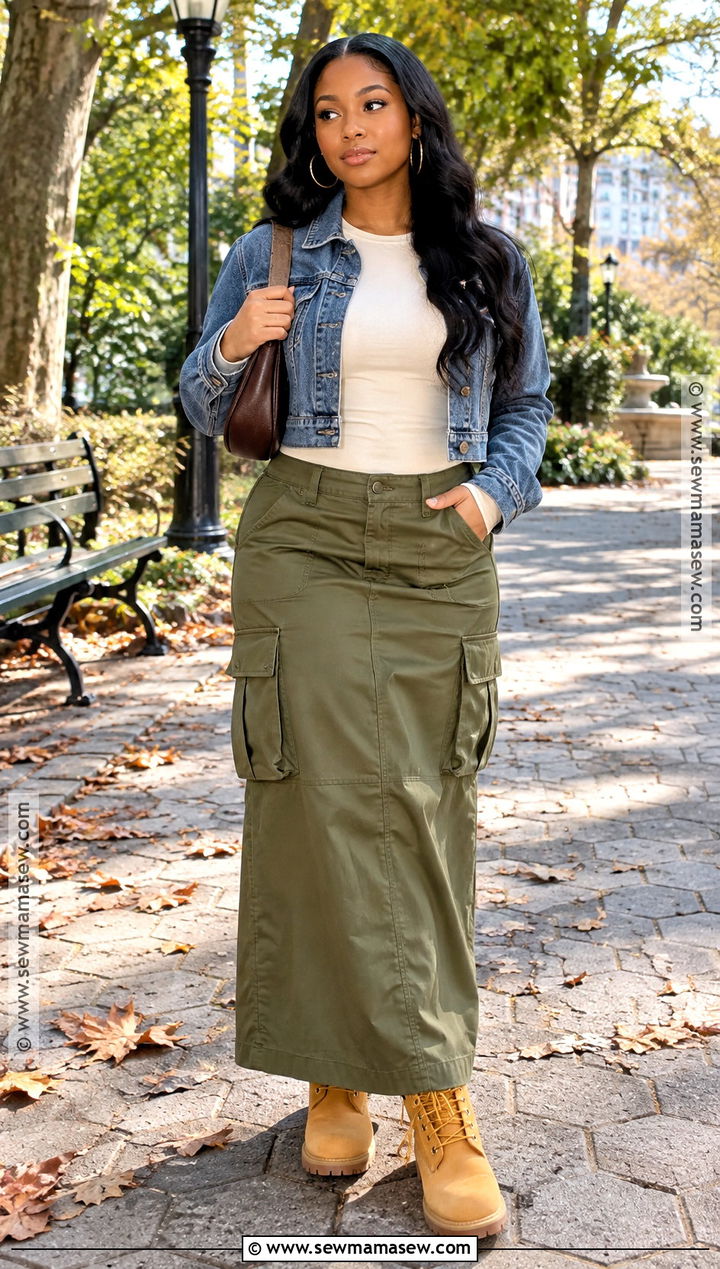 Timbs With Maxi Skirt And Denim Jacket - 15 timbs outfits fall womens fashion