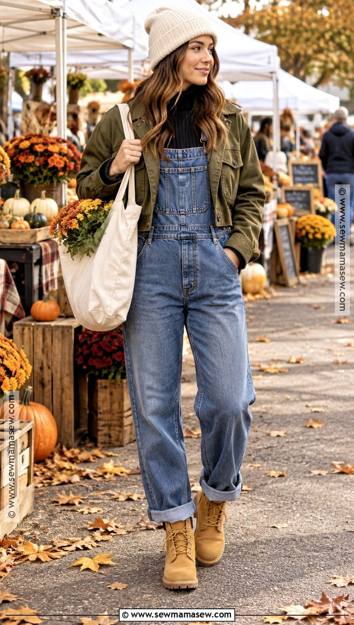 Timbs With Overalls And Fitted Turtleneck - 20 Timbs Outfits Women Fall