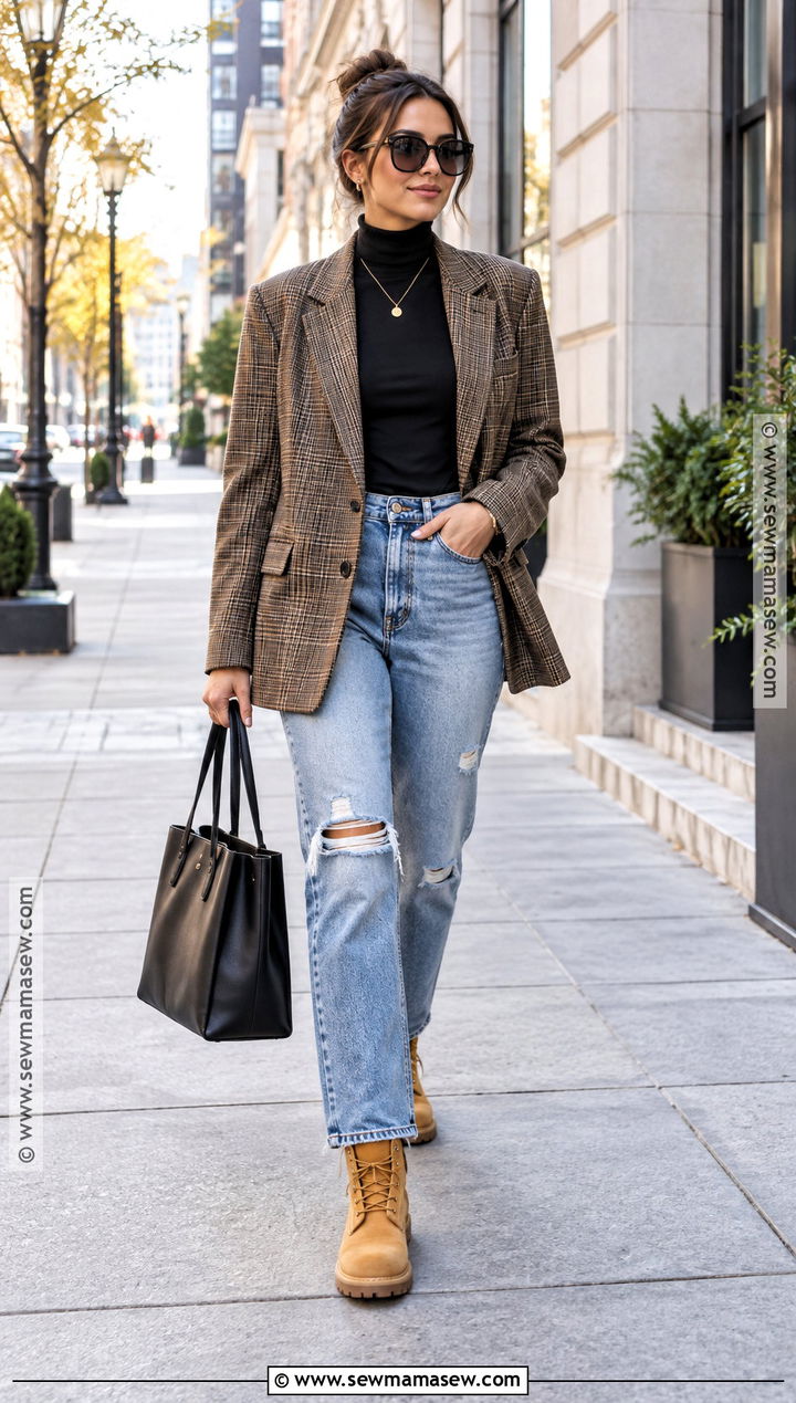 Timbs With Plaid Blazer And Distressed Jeans - 15 timbs outfits fall womens fashion