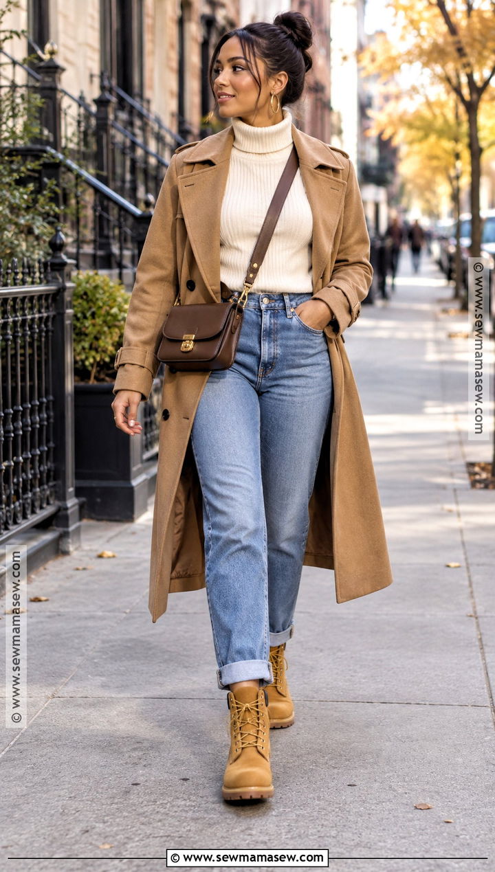 Timbs With Straight Leg Jeans And Trench Coat - 20 Timbs Outfits Women Fall