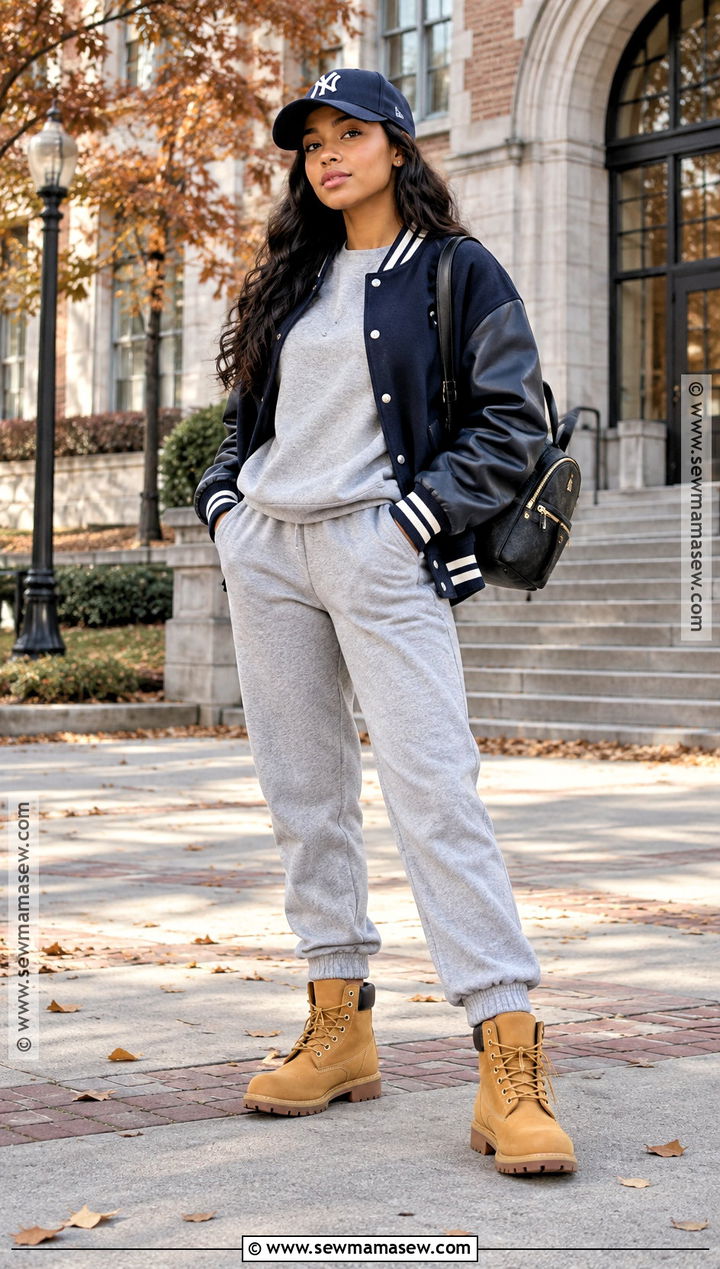 Timbs With Sweatpants And Varsity Jacket - 20 Timbs Outfits Women Fall