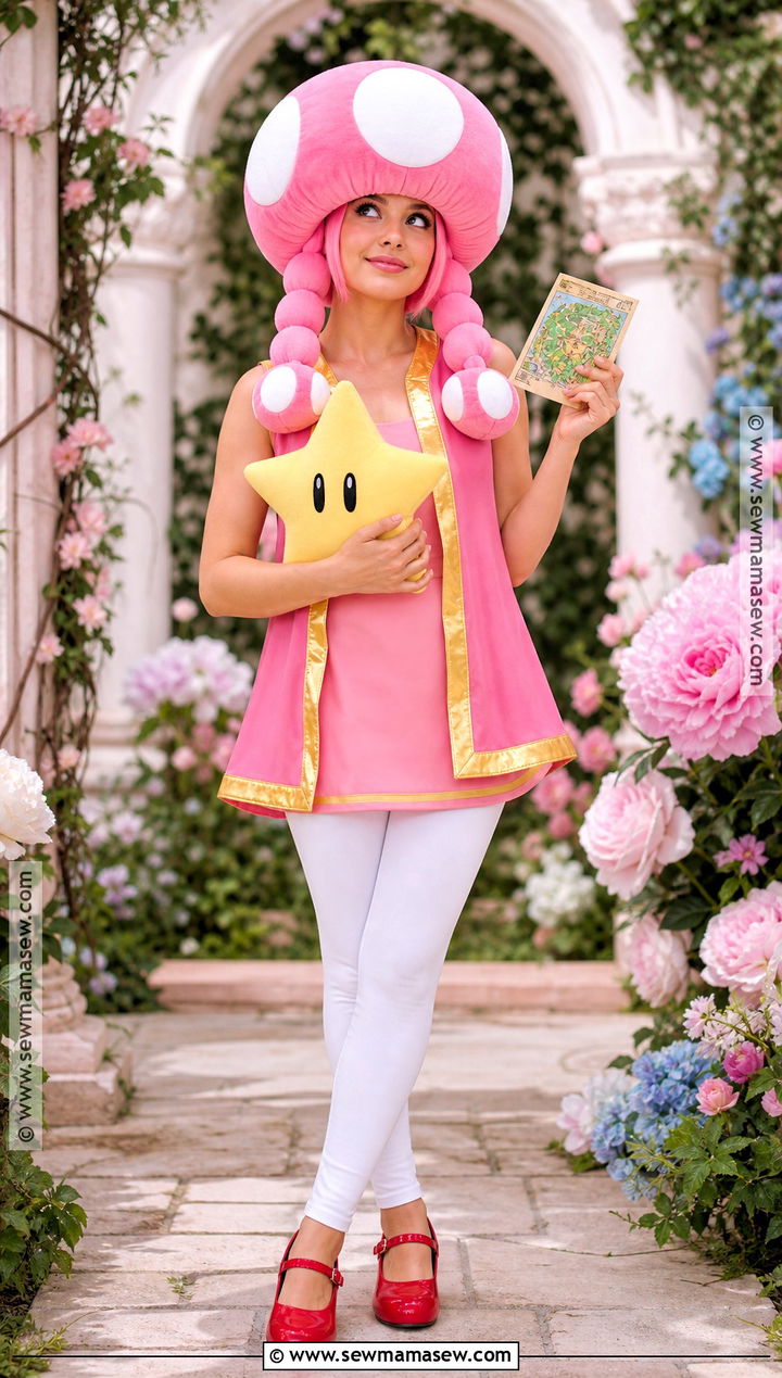 Toadette Costume With Pink Mushroom Cap - 30 super mario costume ideas