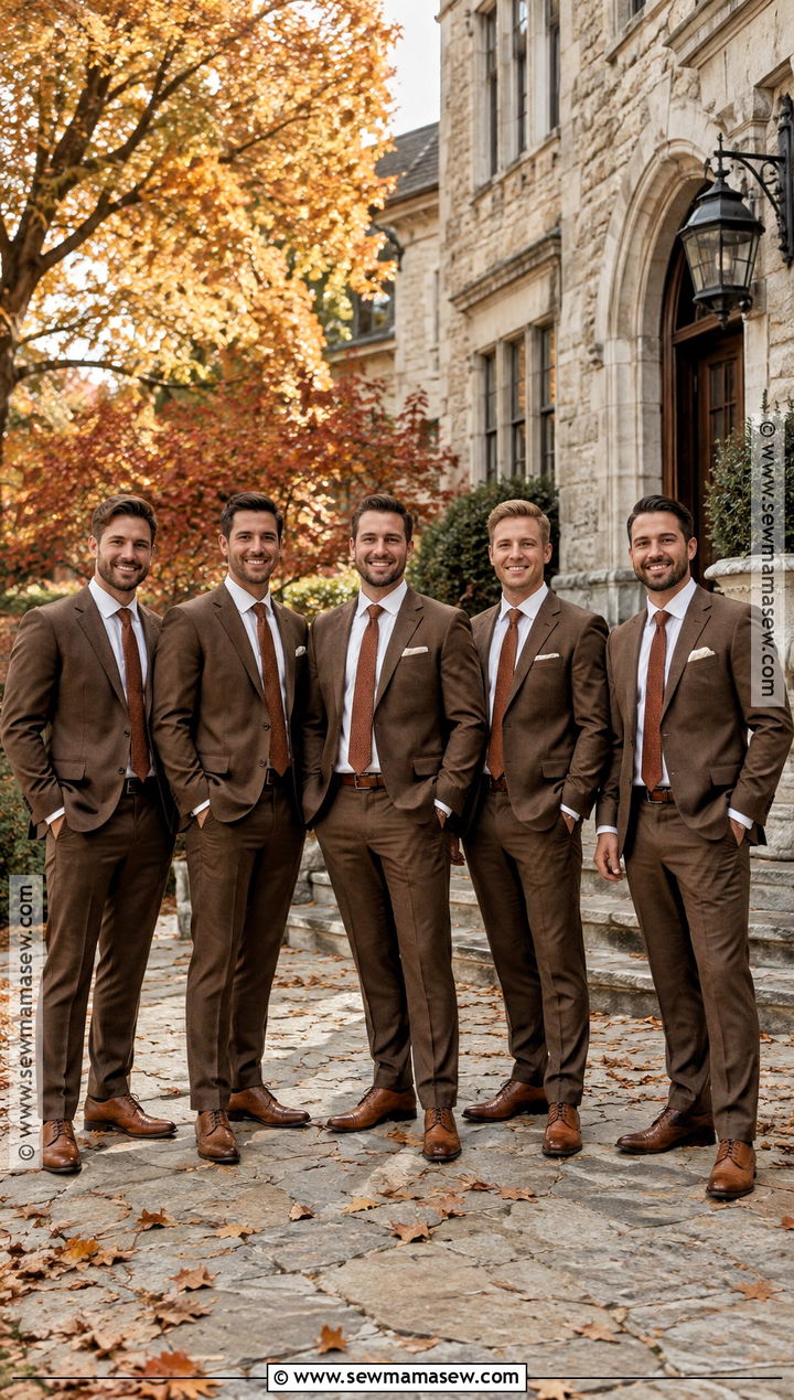 Tobacco Brown Groomsmen Suit With Rust Tie - 15 fall groomsmen attire brown ideas