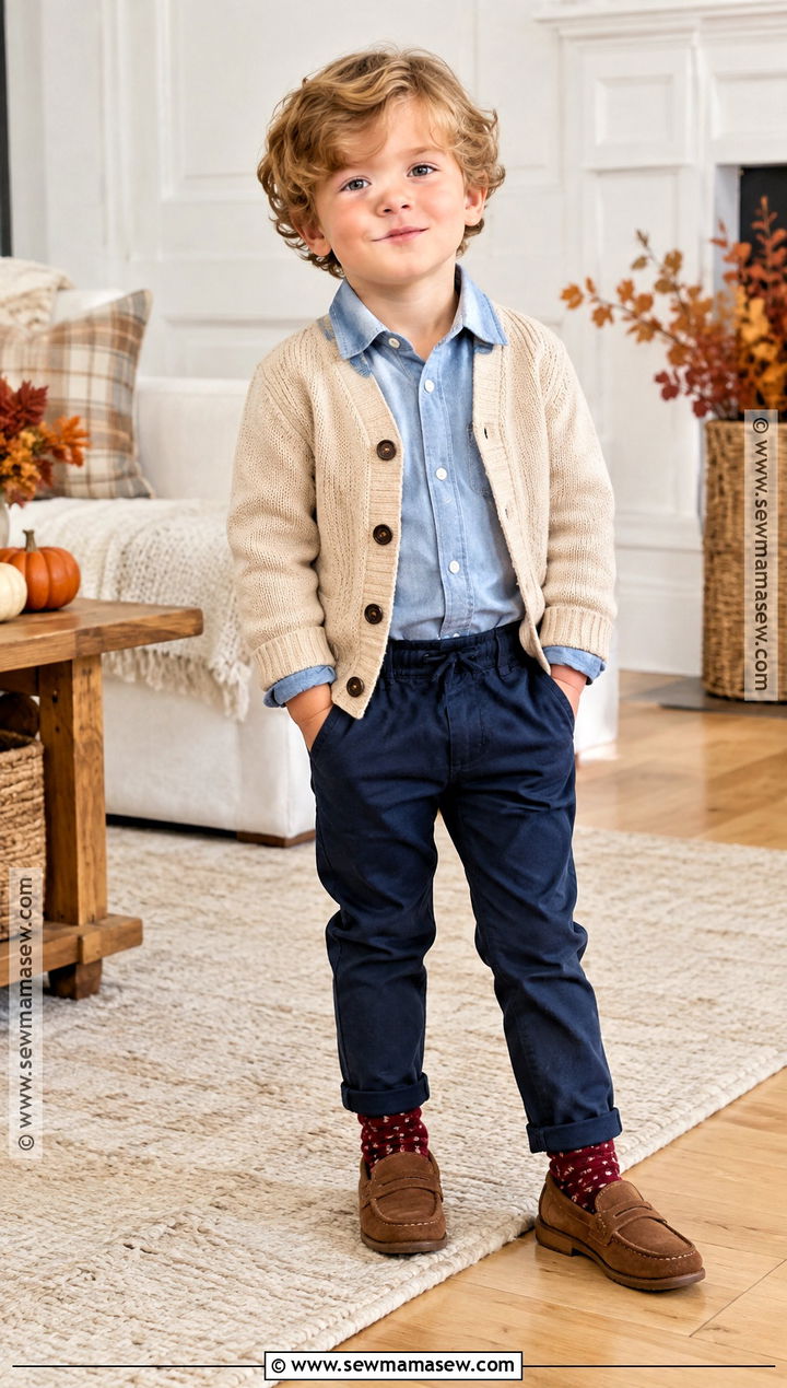 Toddler Boy Cardigan And Chambray Shirt Outfit - 20 toddler boy fall fashion ideas