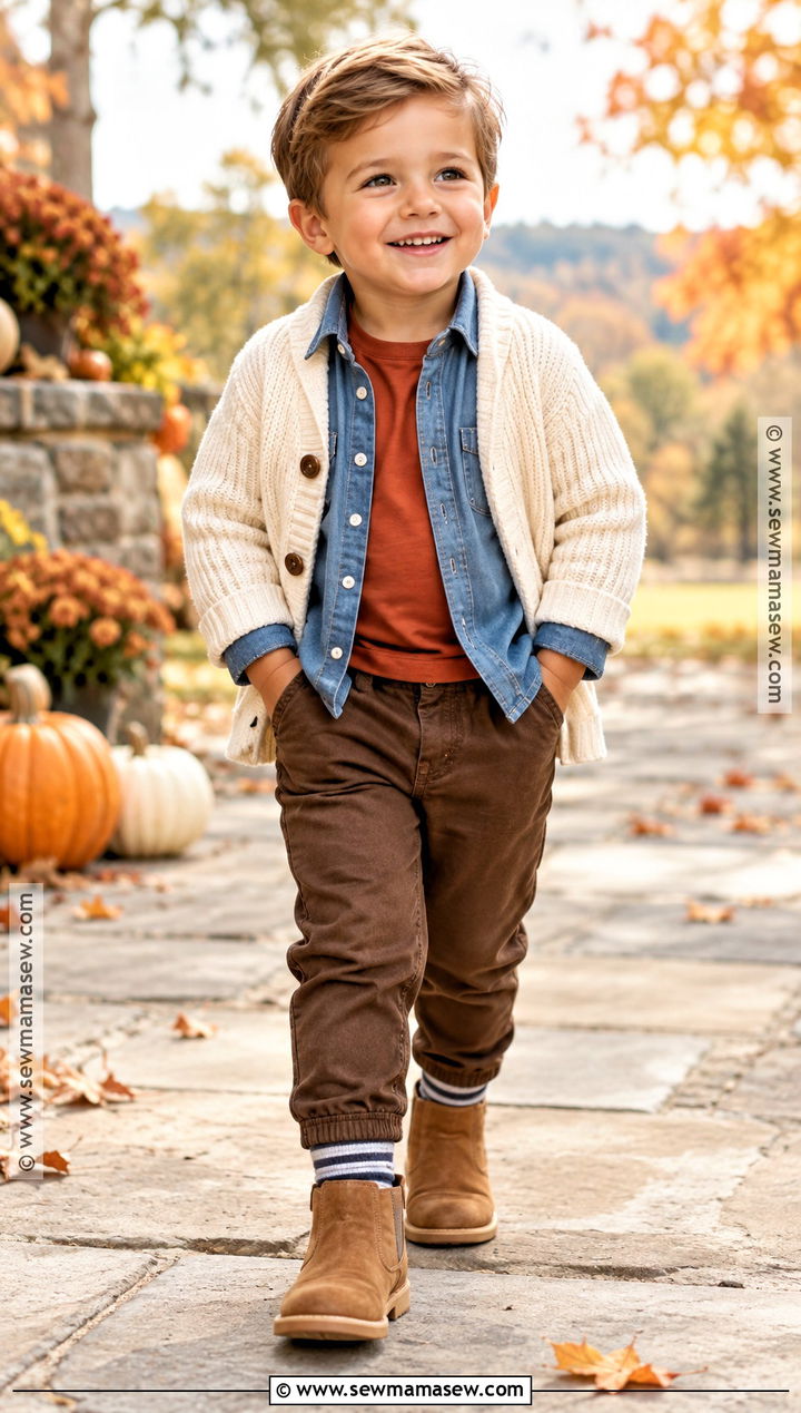 Toddler Boy Denim Shirt and Brown Pants Outfit - 25 toddler boy fall outfits