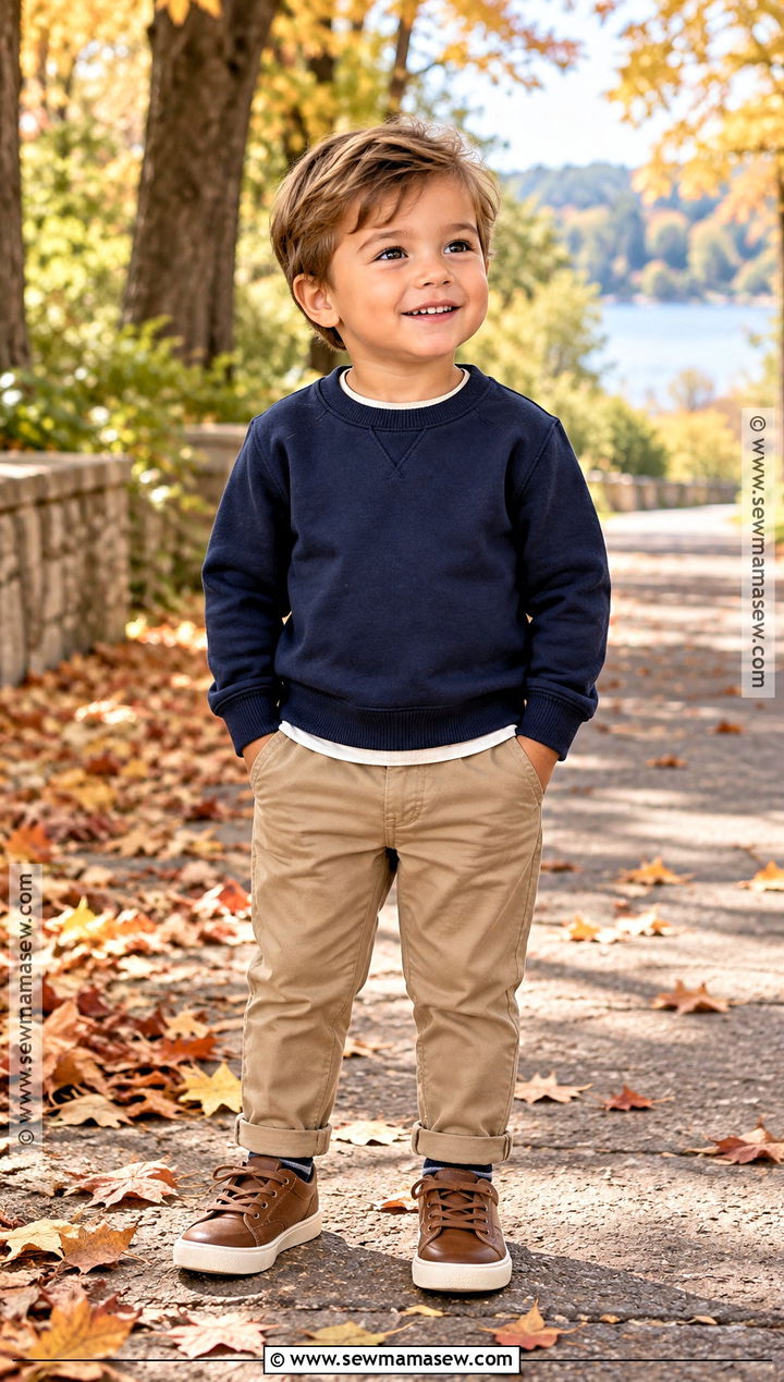 Toddler Boy Fall Crewneck Sweater And Chinos Outfit - 15 toddler boy fall capsule wardrobe ideas