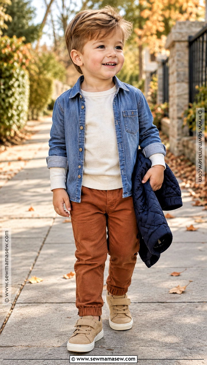 Toddler Boy Fall Denim Shirt And Rust Pants Outfit - 15 toddler boy fall capsule wardrobe ideas