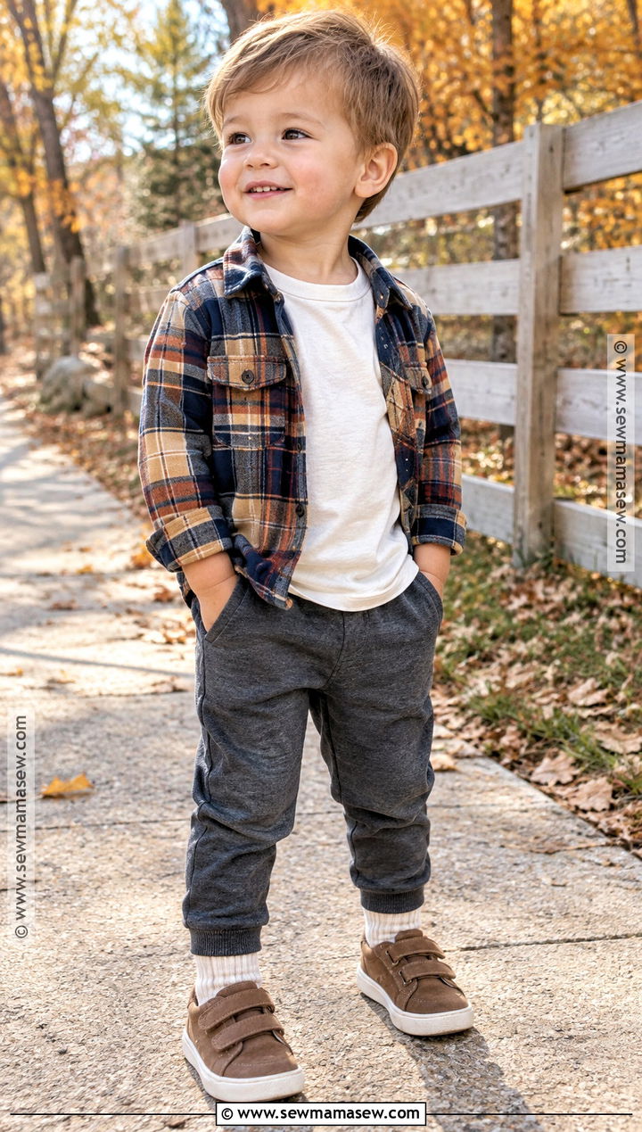 Toddler Boy Fall Flannel Shirt And Neutral Joggers Outfit - 15 toddler boy fall capsule wardrobe ideas