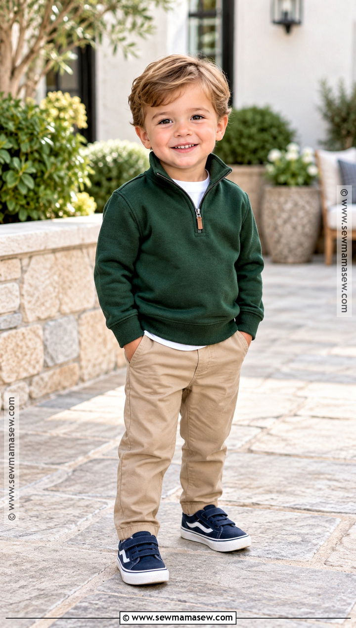 Toddler Boy Fall Half Zip Sweater And Khaki Pants Outfit - 15 toddler boy fall capsule wardrobe ideas