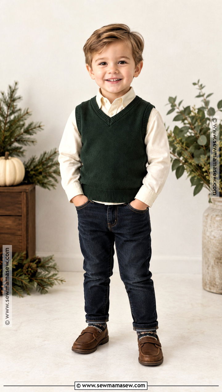 Toddler Boy Fall Outfit With Sweater Vest And Dark Jeans - 20 toddler boy fall outfits pictures