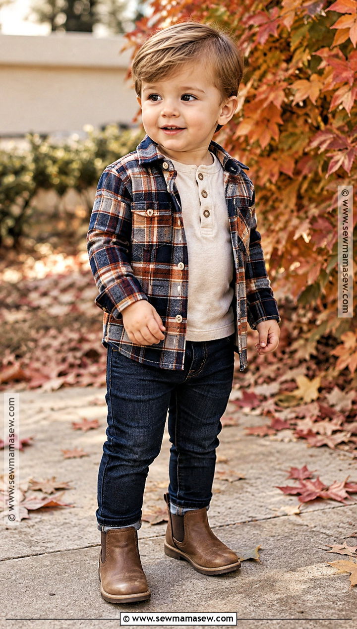 Toddler Boy Fall Plaid Overshirt And Jeans Outfit - 15 toddler boy fall capsule wardrobe ideas