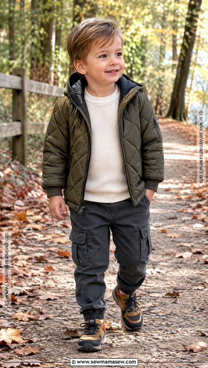 Toddler Boy Fall Quilted Jacket And Cargo Joggers Outfit - 15 toddler boy fall capsule wardrobe ideas
