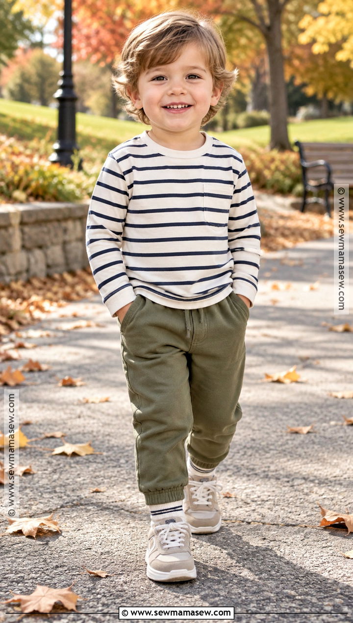 Toddler Boy Fall Striped Shirt And Olive Joggers Outfit - 15 toddler boy fall capsule wardrobe ideas