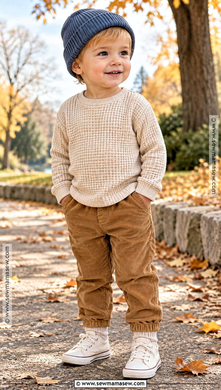 Toddler Boy Fall Waffle Knit Shirt And Corduroy Pants Outfit - 15 toddler boy fall capsule wardrobe ideas