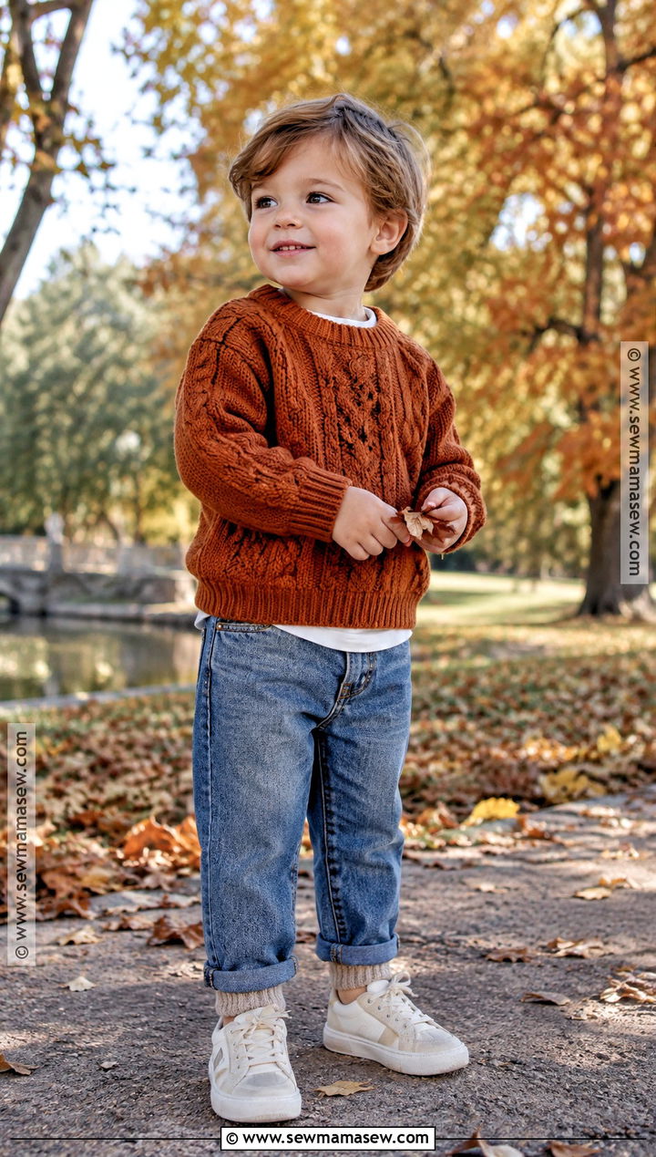 Toddler Boy Knit Sweater And Relaxed Jeans Outfit - 20 toddler boy fall fashion ideas
