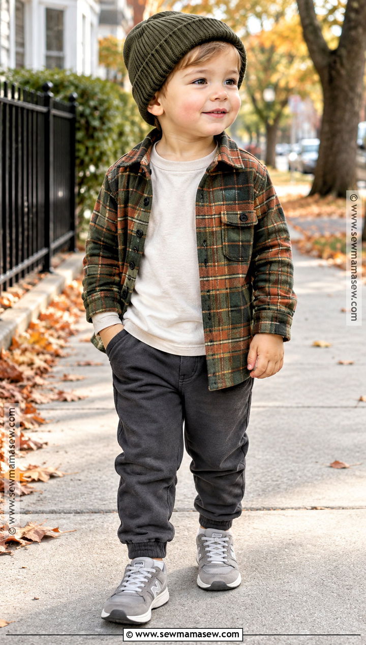 Toddler Boy Plaid Overshirt and Joggers Outfit - 25 toddler boy fall outfits