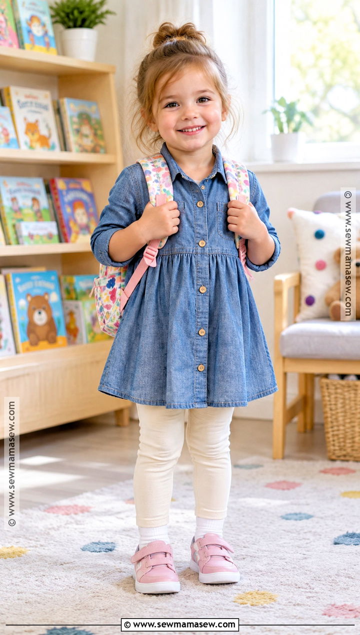 Toddler Girl Chambray Dress and Leggings Outfit - 15 Back To School Outfits for Toddler Girls