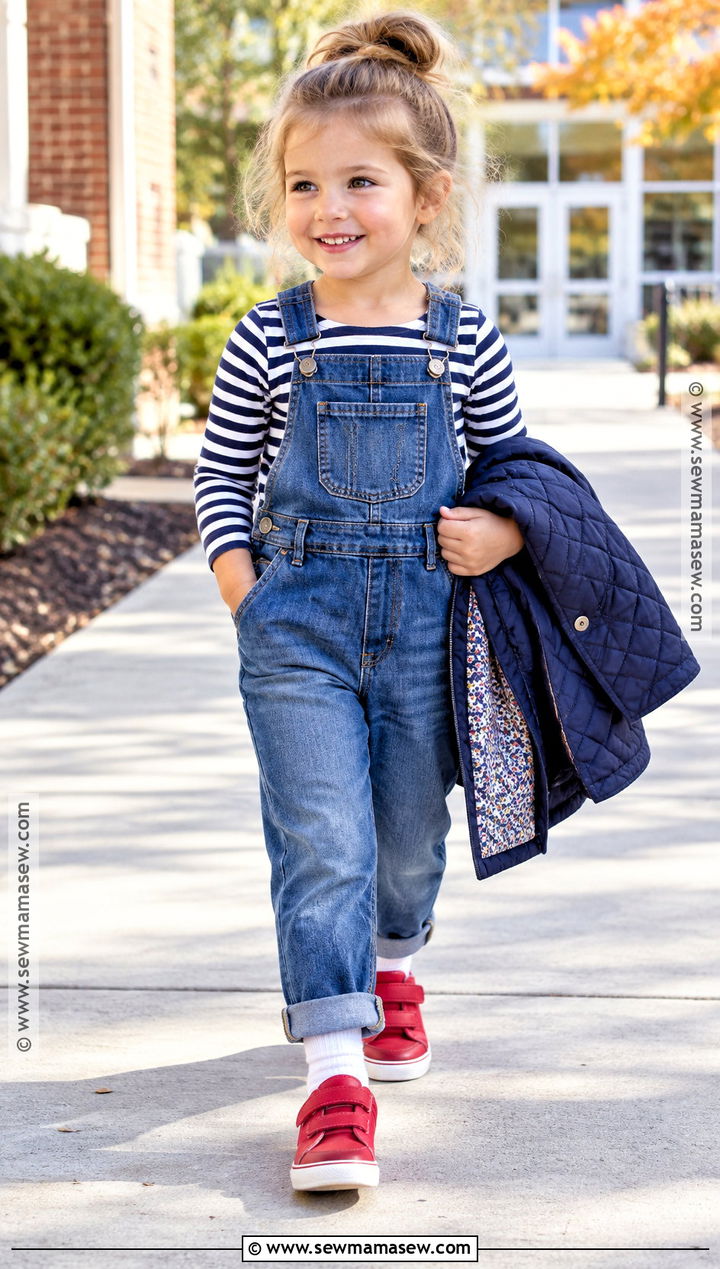 Toddler Girl Denim Overalls and Striped Shirt Outfit - 15 Back To School Outfits for Toddler Girls