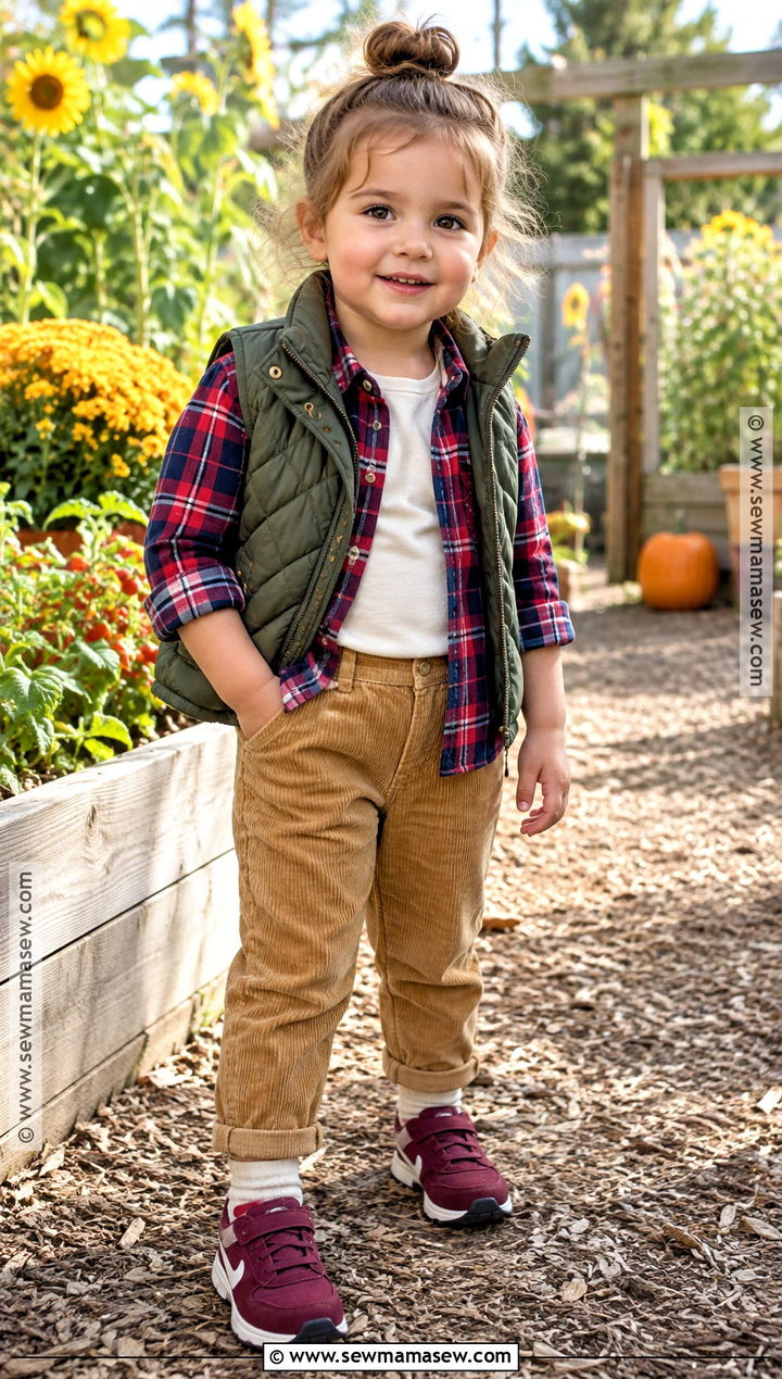 Toddler Girl Plaid Shirt and Corduroy Pants Outfit - 15 Back To School Outfits for Toddler Girls