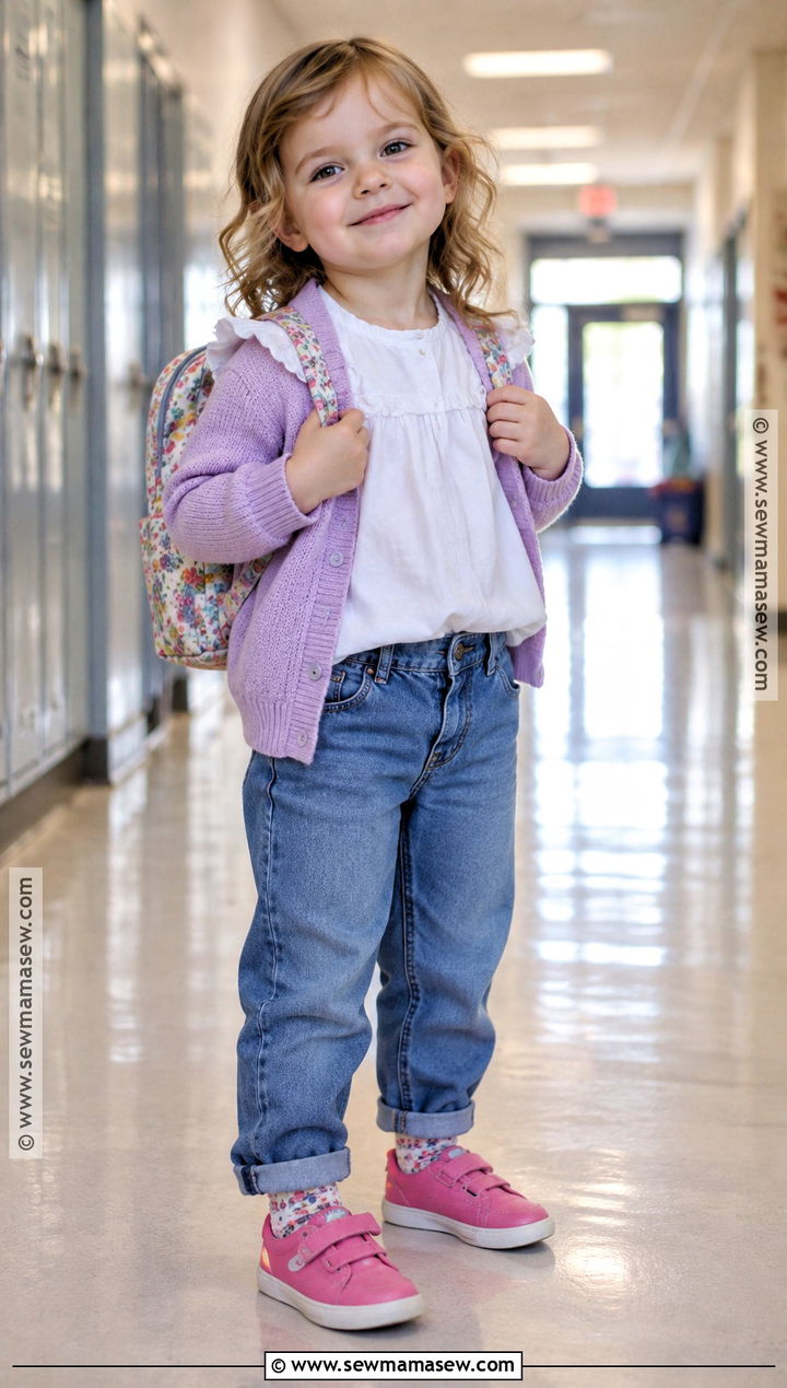 Toddler Girl Ruffle Blouse and Pull On Jeans Outfit - 15 Back To School Outfits for Toddler Girls