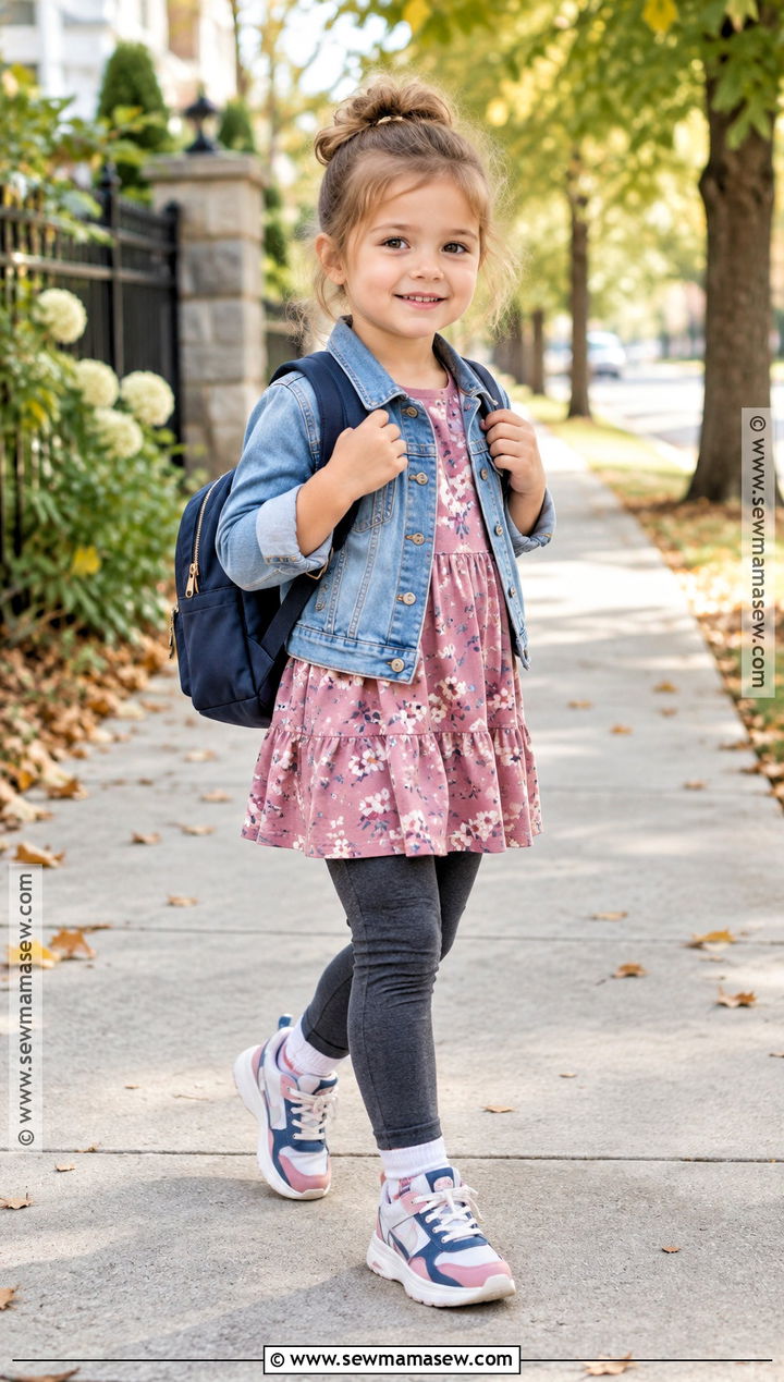 Toddler Girl Tunic and Leggings With Denim Jacket - 15 Back To School Outfits for Toddler Girls