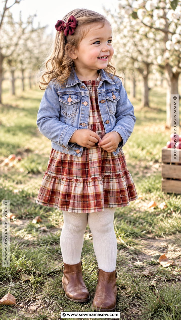 Toddler Plaid Dress And Denim Jacket Outfit - 20 toddler fall fashion ideas