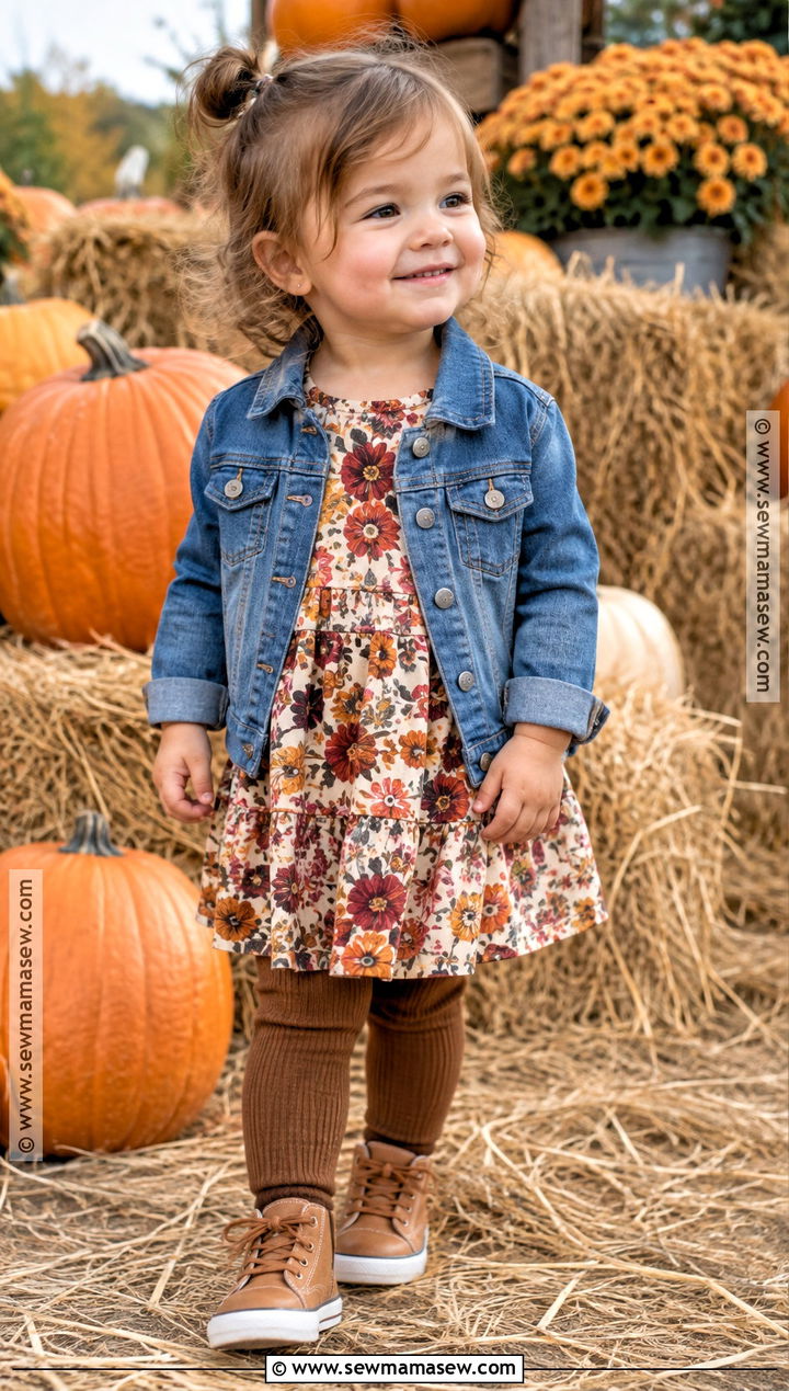 Toddler Pumpkin Patch Outfit With Floral Dress And Denim Jacket - 25 toddler pumpkin patch outfit ideas