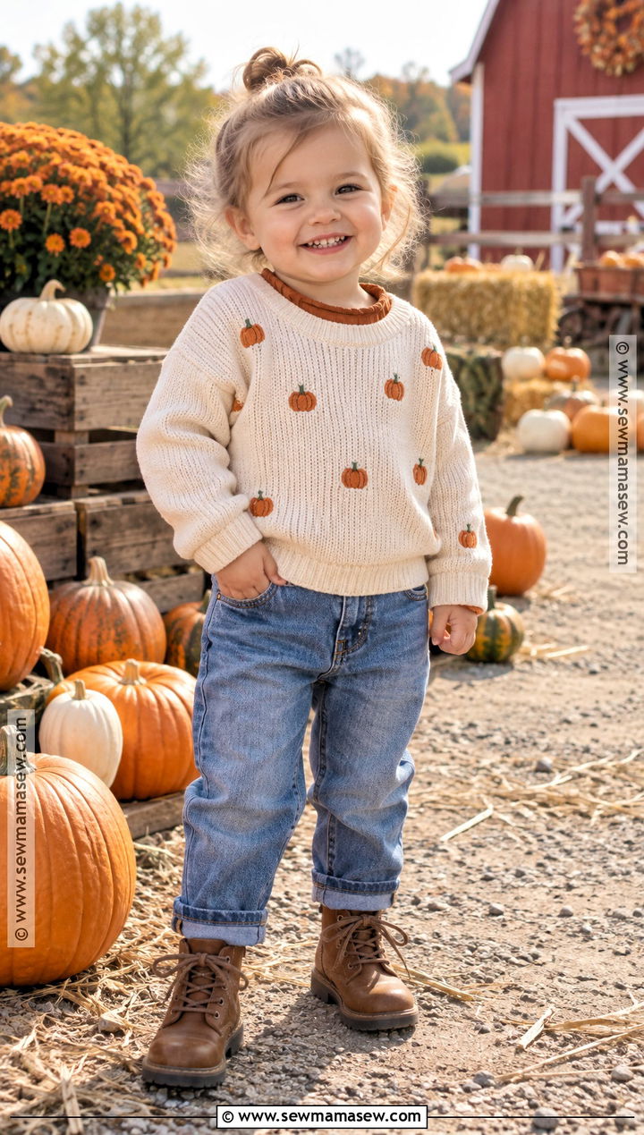 Toddler Pumpkin Patch Outfit With Pumpkin Sweater And Jeans - 25 toddler pumpkin patch outfit ideas