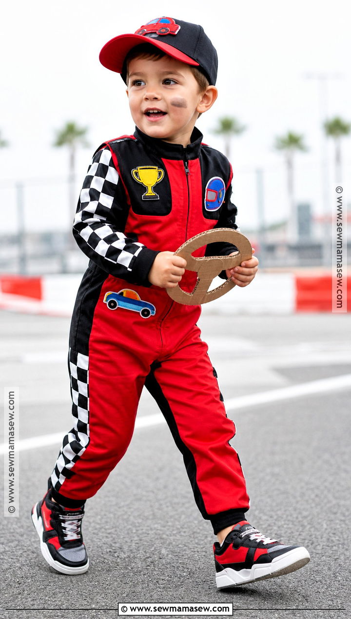 Toddler Race Car Driver Costume With Checkered Details - 30 toddler boy costume ideas