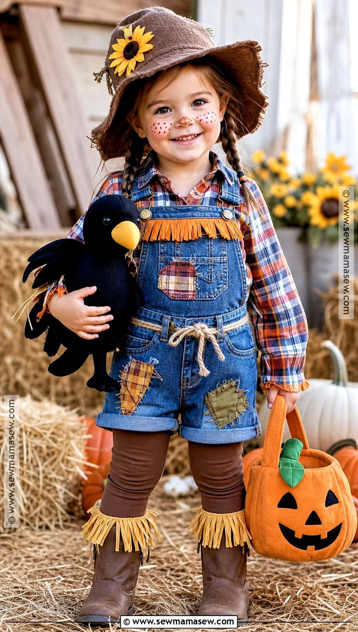 Toddler Scarecrow Costume With Patchwork Overalls - 40 toddler halloween costumes for girls