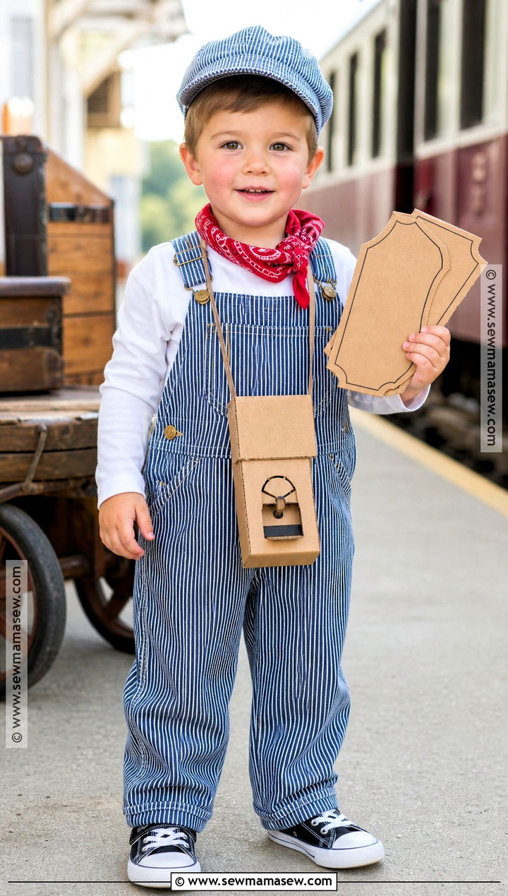 Toddler Train Conductor Costume With Striped Overalls - 30 toddler boy costume ideas