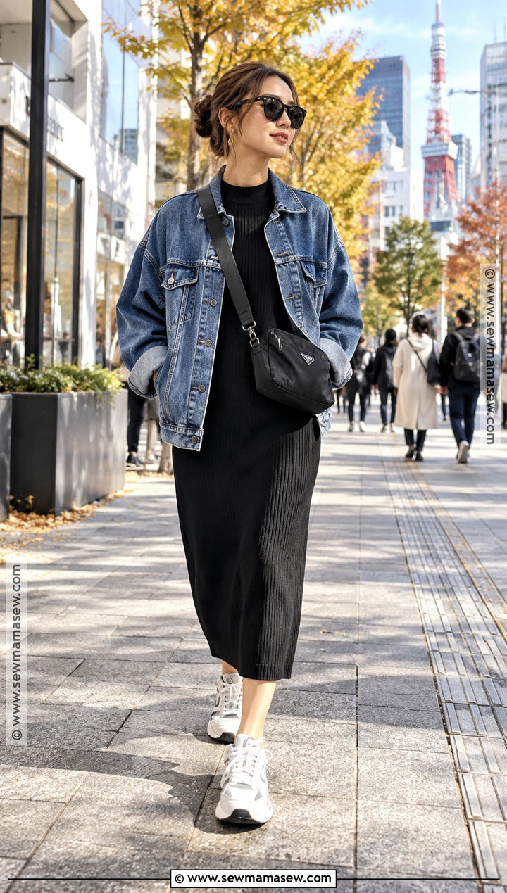 Tokyo Autumn Denim Jacket And Black Dress Outfit - 25 tokyo autumn outfit ideas